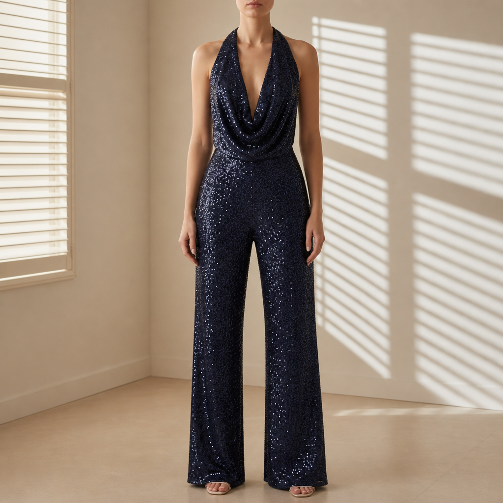 Sorrento Sequin Halter Wide-Leg Jumpsuit in Navy Blue