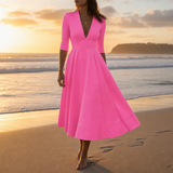 Ceret Deep V-Neck Midi Dress in Neon Pink