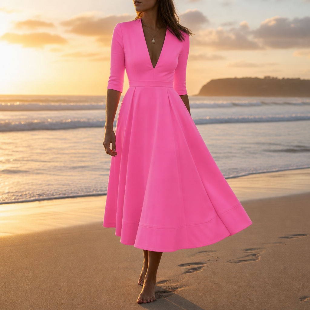 Ceret Deep V-Neck Midi Dress in Neon Pink