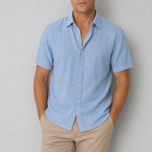 Aegina Linen Short Sleeve Shirt in Light Blue