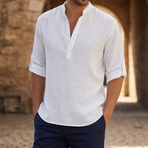Aix Linen Henley Shirt in White