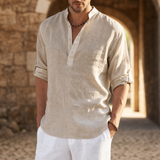 Aix Linen Henley Shirt in Beige