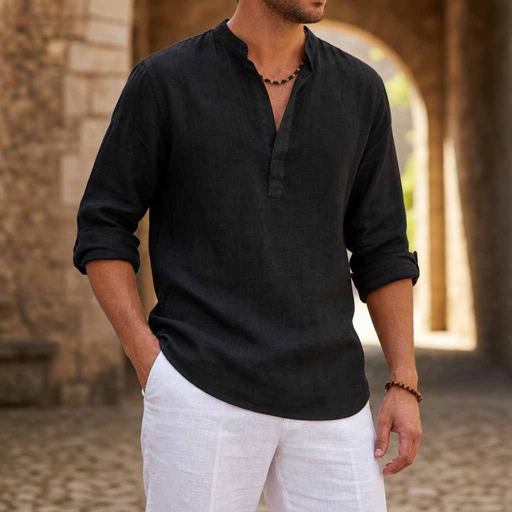 Aix Linen Henley Shirt in Black