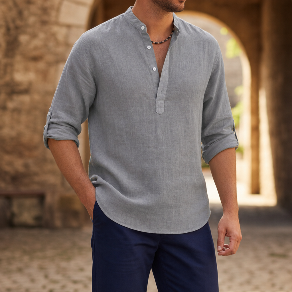 Aix Linen Henley Shirt in Gray