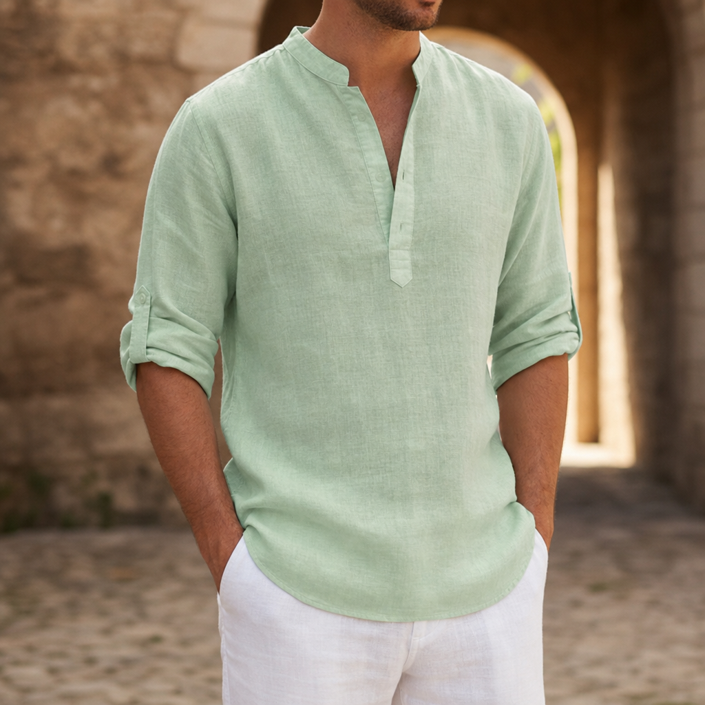 Aix Linen Henley Shirt in Light Green