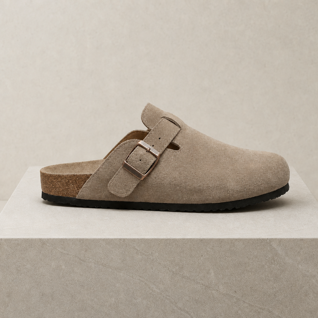Aix Suede Buckle Clogs in Beige
