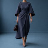Alassio Belted Lantern Sleeve Dress in Navy Blue