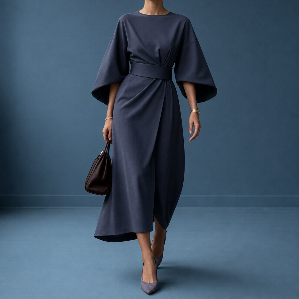 Alassio Belted Lantern Sleeve Dress in Navy Blue