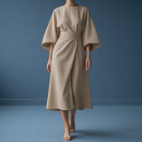 Alassio Belted Lantern Sleeve Dress in Beige