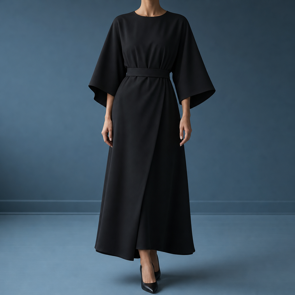 Alassio Belted Lantern Sleeve Dress in Black