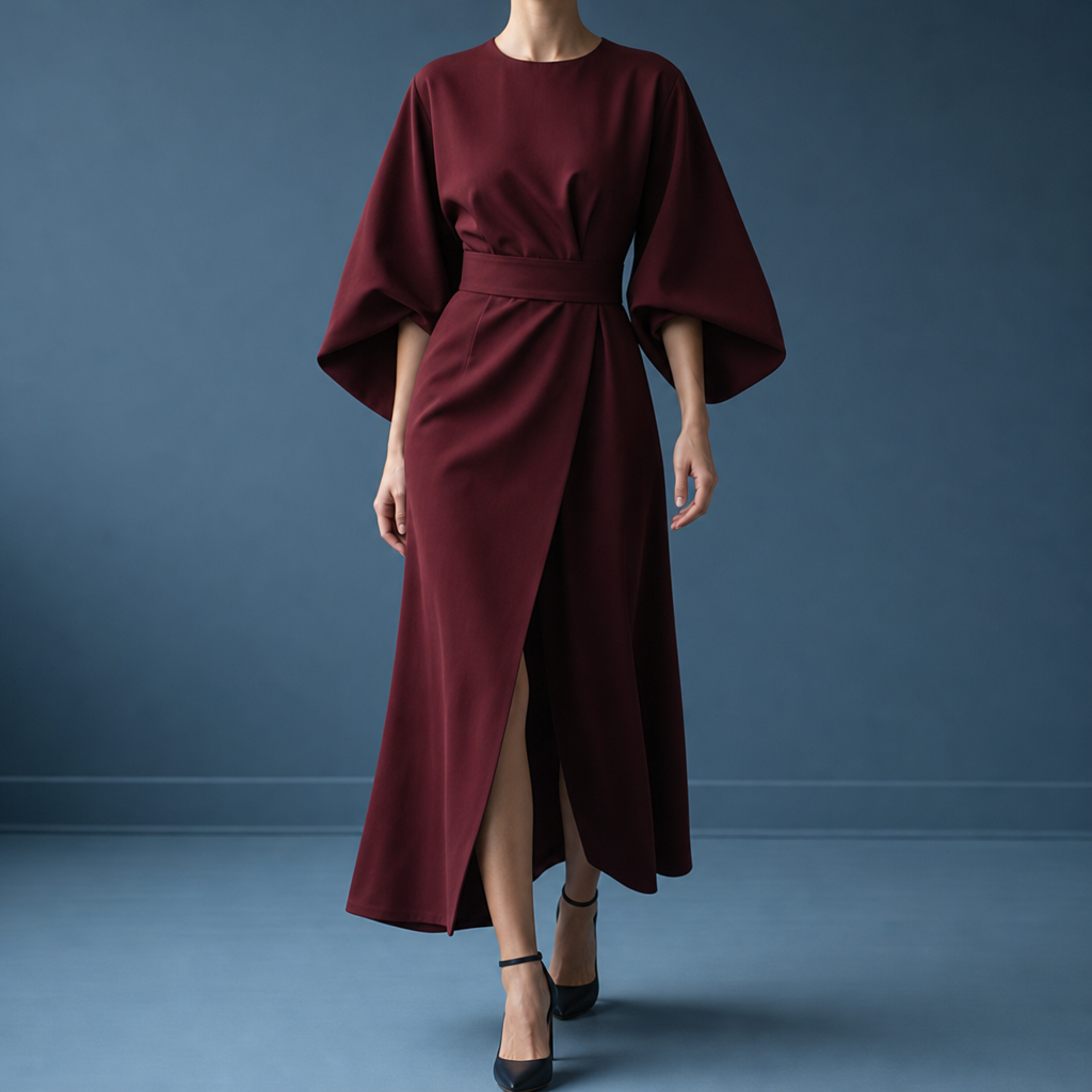Alassio Belted Lantern Sleeve Dress in Bordeaux