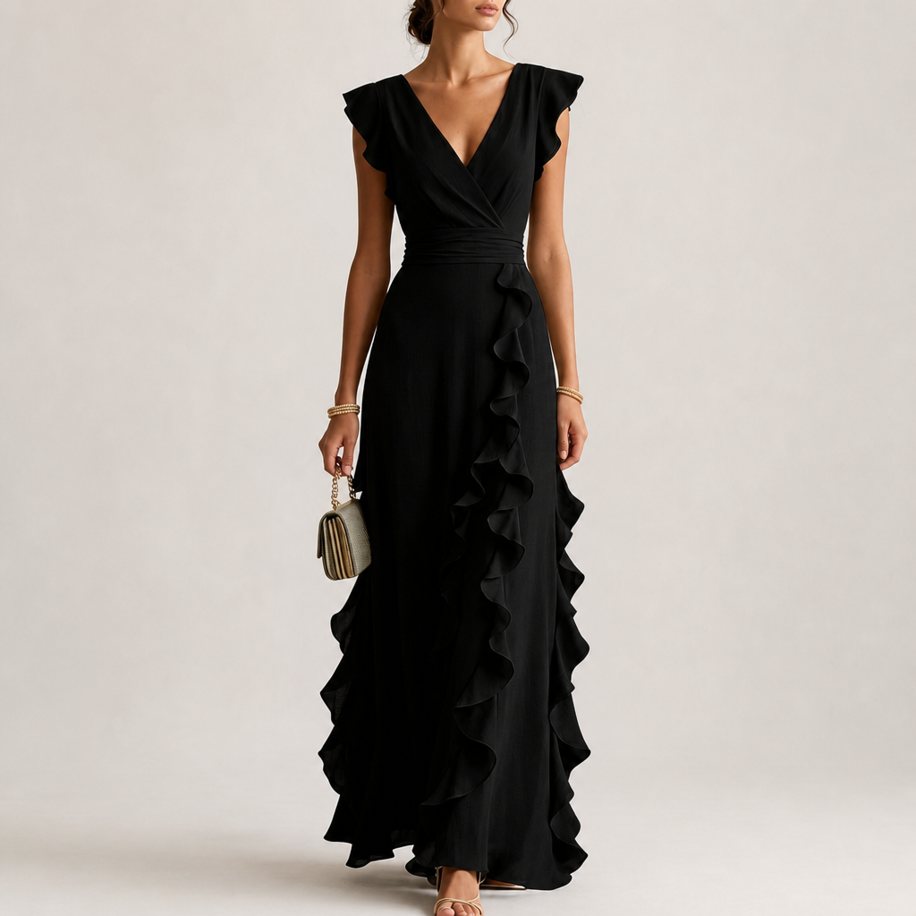 Alonnisos Ruffle Chiffon Maxi Dress in Black