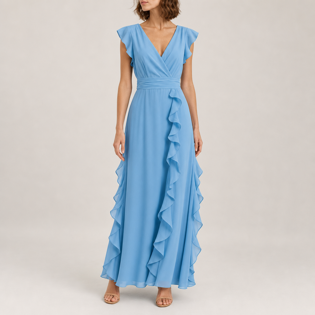 Alonnisos Ruffle Chiffon Maxi Dress in Blue