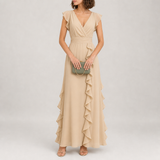 Alonnisos Ruffle Chiffon Maxi Dress in Khaki