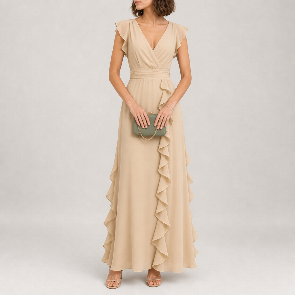 Alonnisos Ruffle Chiffon Maxi Dress in Khaki