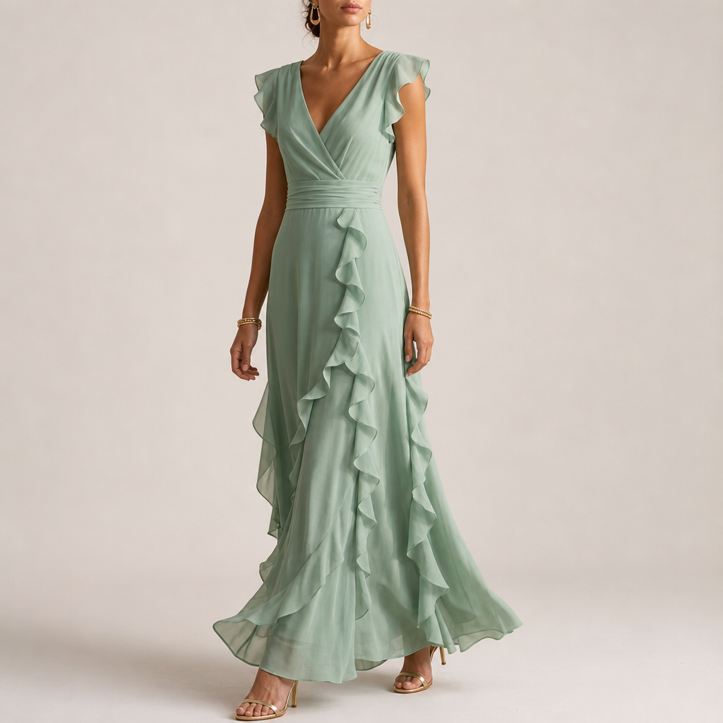 Alonnisos Ruffle Chiffon Maxi Dress in Sage