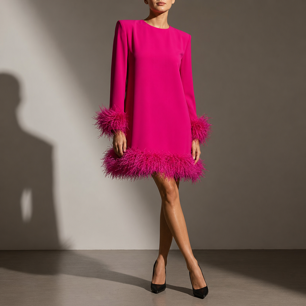 Bergamo Feather Trim Mini Dress in Pink