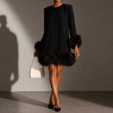 Bergamo Feather Trim Mini Dress in Black