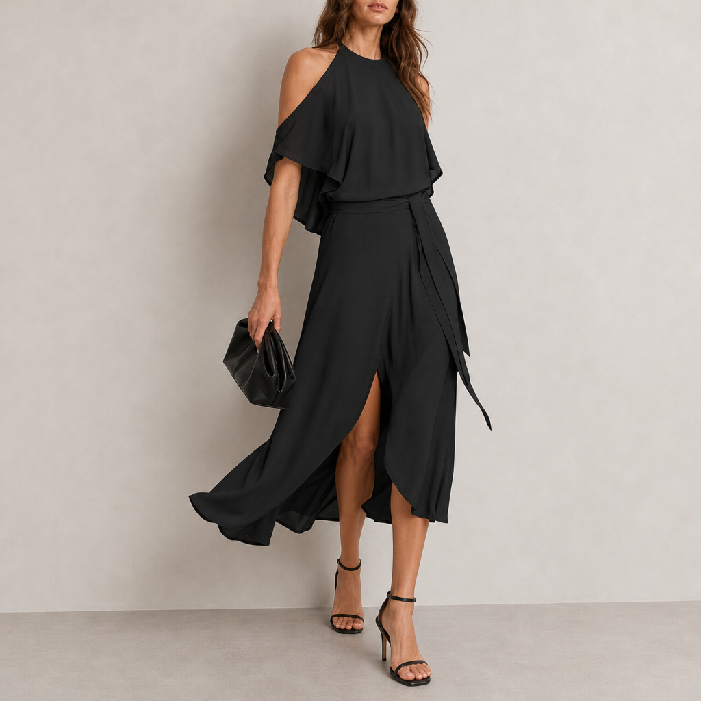 Bilbao Cold Shoulder Halter Dress in Black