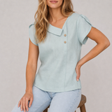 Bilbao Linen Crescent Collar Blouse in Aqua Blue