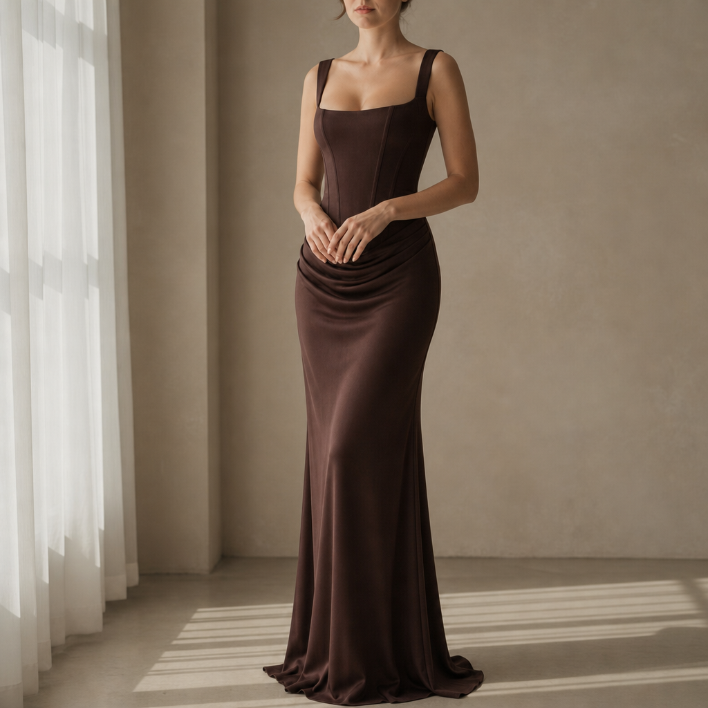 Camogli Corset Ruched Maxi Dress in Moka