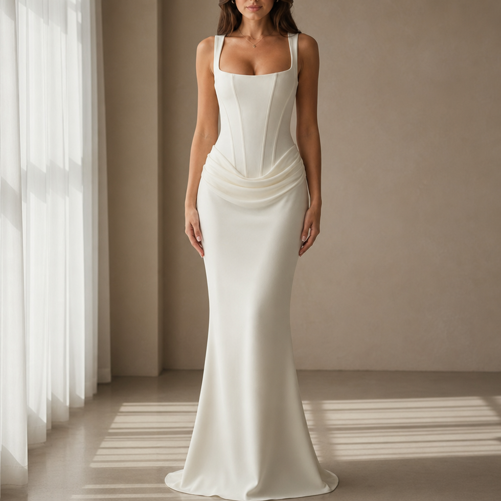 Camogli Corset Ruched Maxi Dress in Ivory