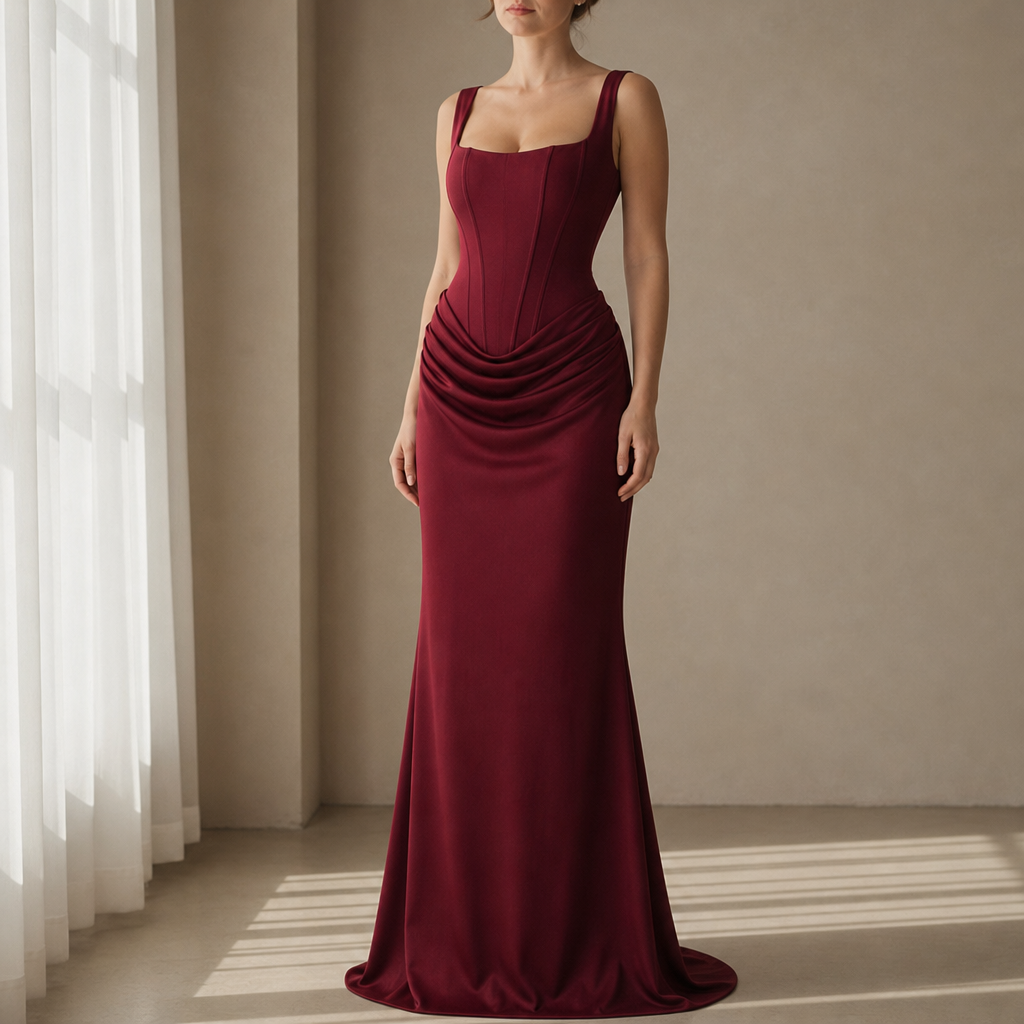 Camogli Corset Ruched Maxi Dress in Burgundy
