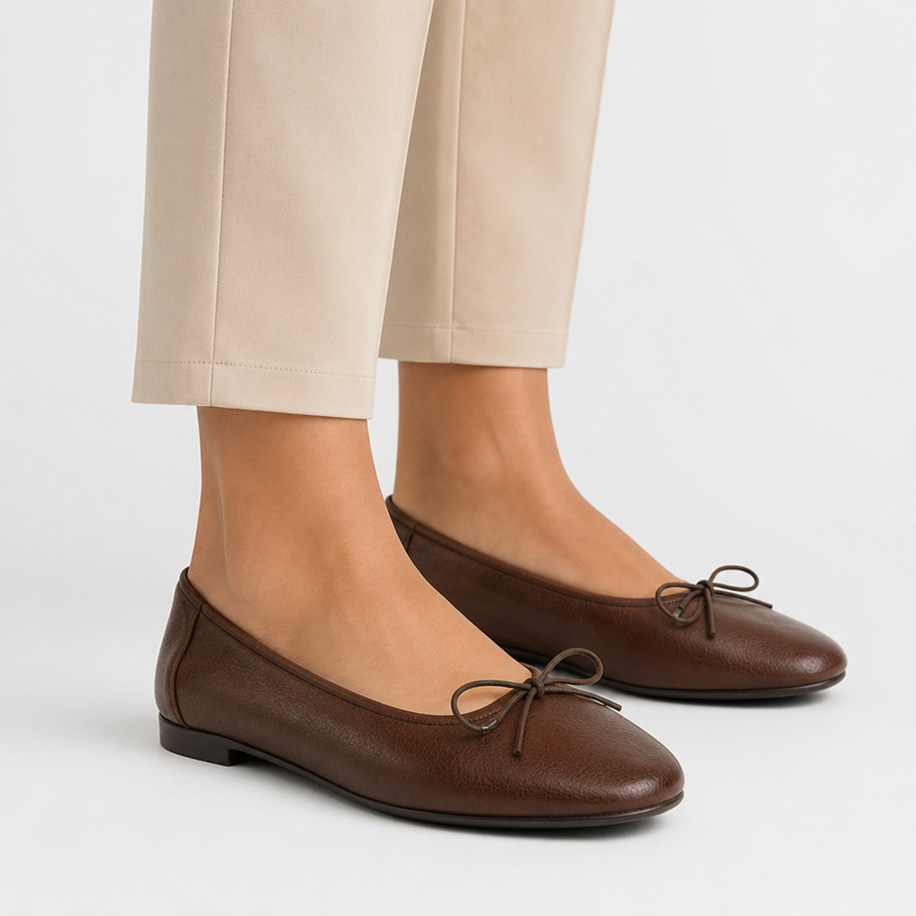 Cascais Orthopedic Leather Bow Ballet Flats in Brown
