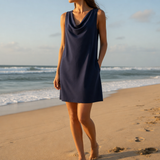 Cassis Cowl Neck Pocket Mini Dress in Navy Blue