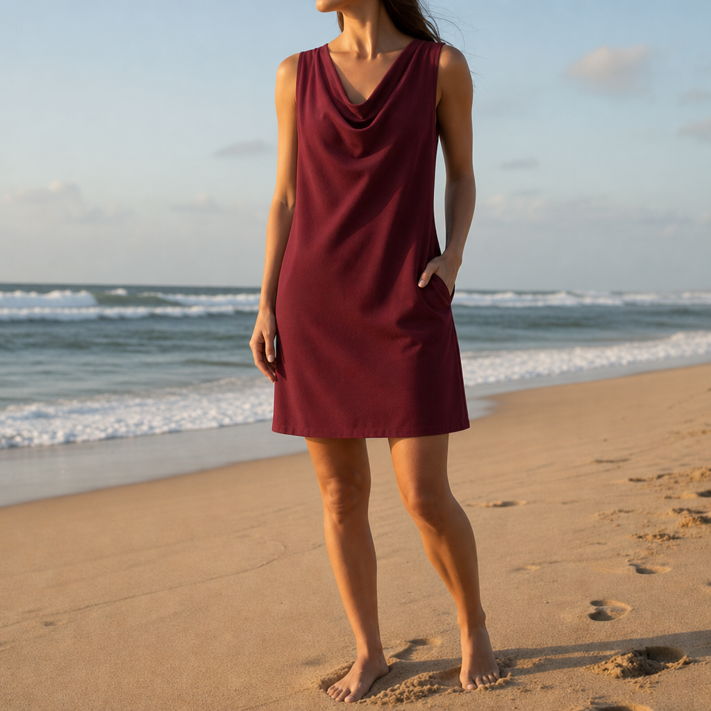 Cassis Cowl Neck Pocket Mini Dress in Red