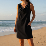 Cassis Cowl Neck Pocket Mini Dress in Black