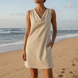 Cassis Cowl Neck Pocket Mini Dress in Khaki