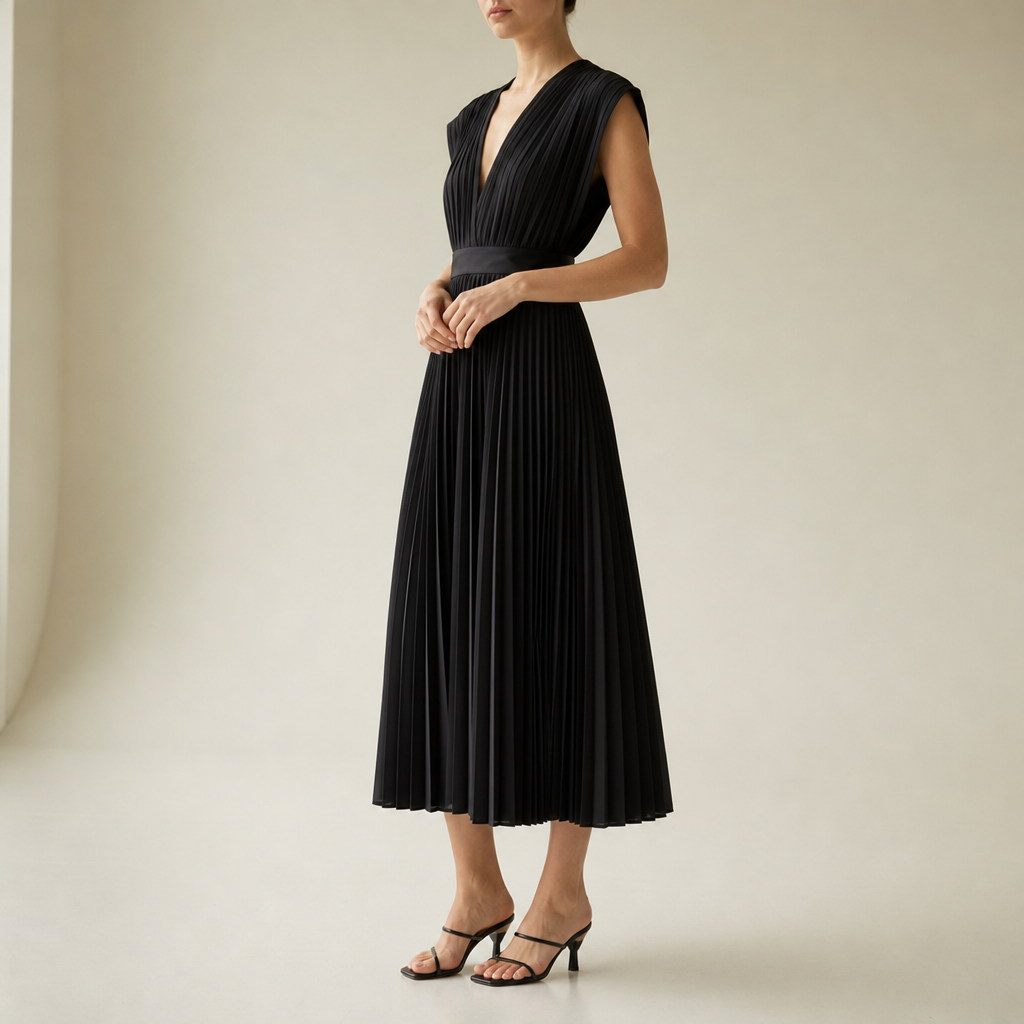 Comino Pleated V-Neck Midi Dress in Black