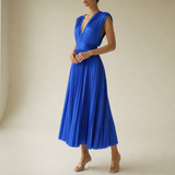 Comino Pleated V-Neck Midi Dress in Blue