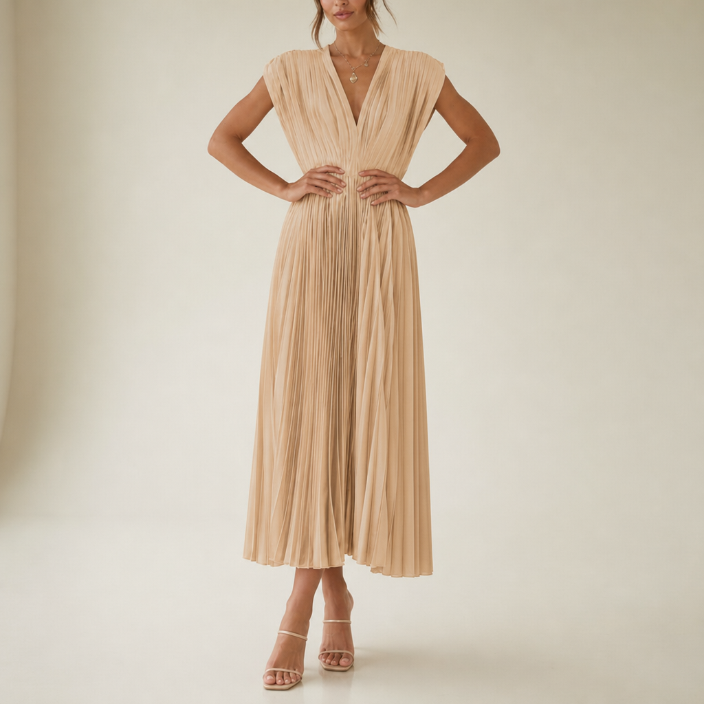 Comino Pleated V-Neck Midi Dress in Beige