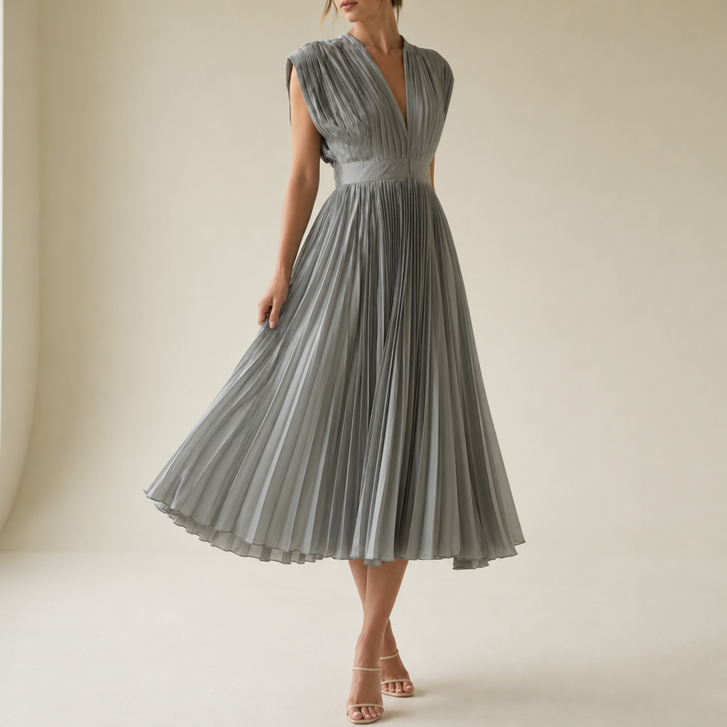 Comino Pleated V-Neck Midi Dress in Gray