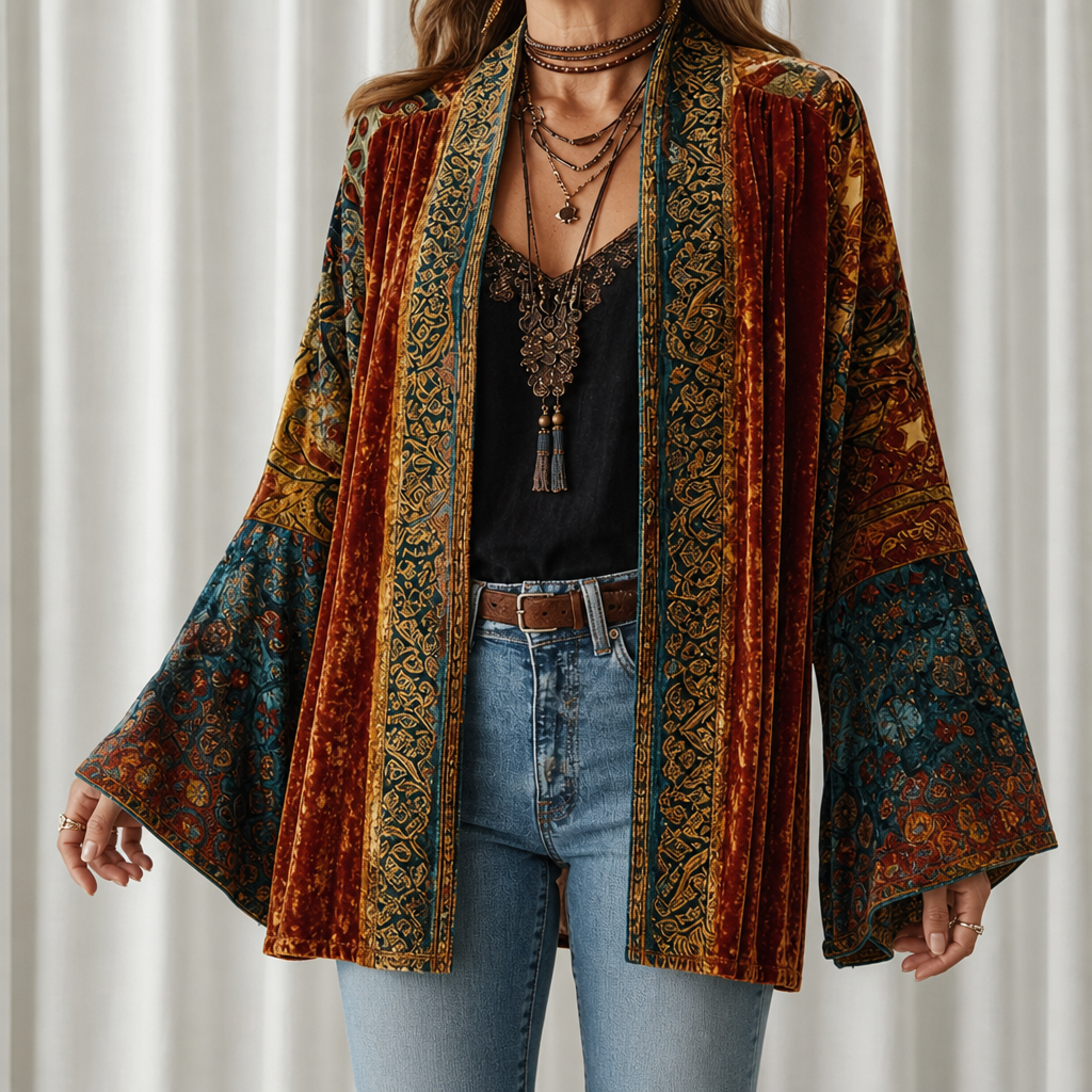 Comporta Boho Velvet Kimono in Burgundy