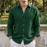 Corte Linen Button-Up Shirt in Dark Green