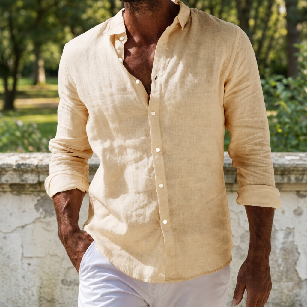 Corte Linen Button-Up Shirt in Yellowish-brown