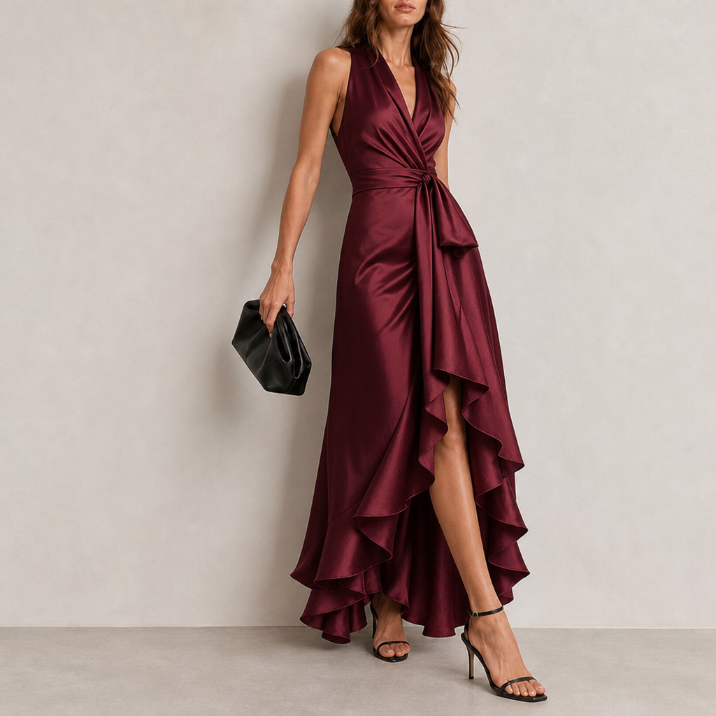 Cortona Satin Halterneck Maxi Dress in Burgundy