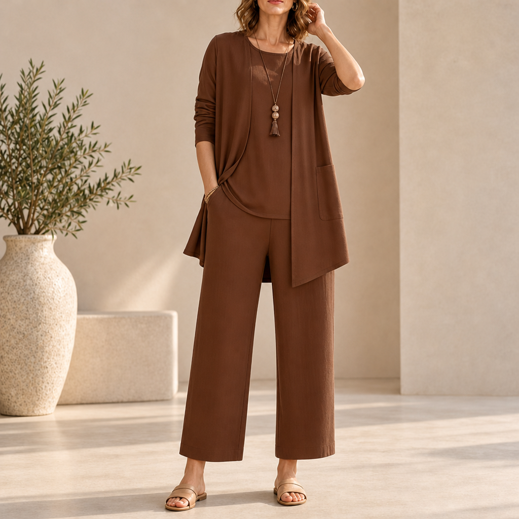 Elounda Wide Leg Three-Piece Set in Dark Brown