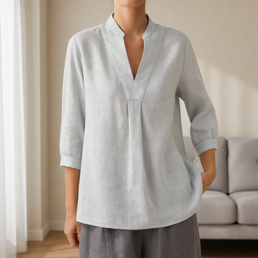 Elvas Linen V-Neck Blouse in Mist Blue