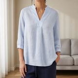 Elvas Linen V-Neck Blouse in Ice Blue