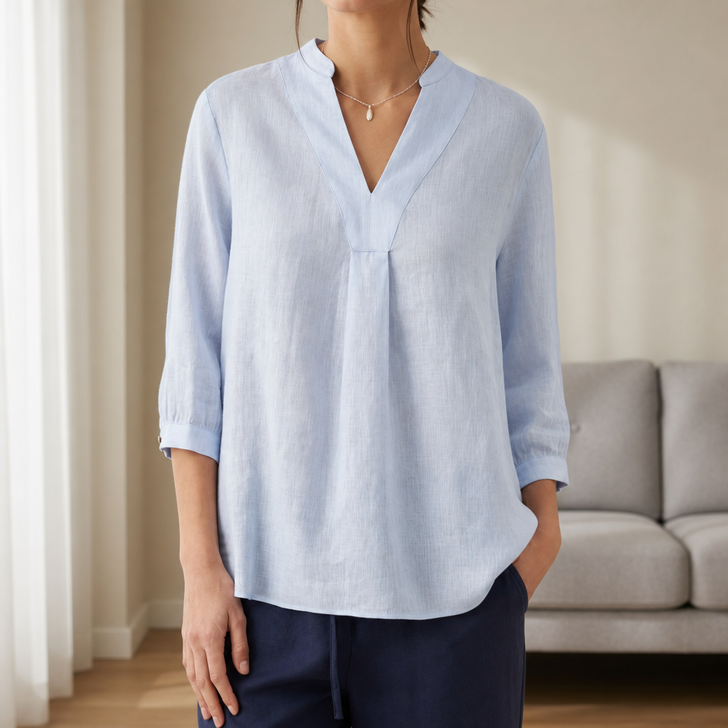 Elvas Linen V-Neck Blouse in Ice Blue