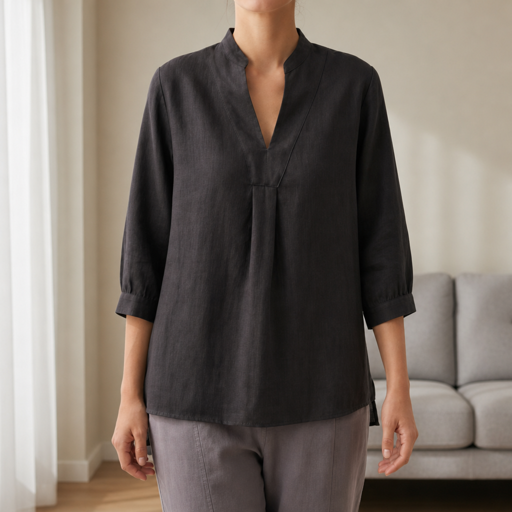 Elvas Linen V-Neck Blouse in Charcoal Black