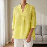 Elvas Linen V-Neck Blouse in Lemon Yellow