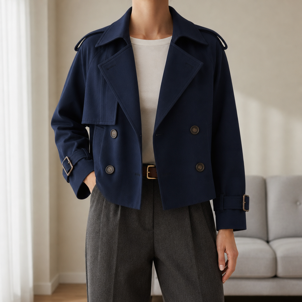 Funchal Cropped Trench Jacket in Navy
