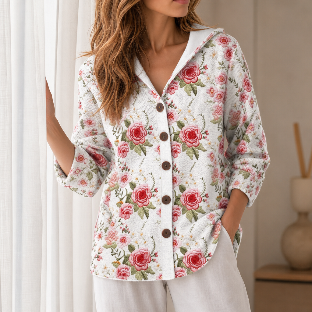 Gaeta Abstract Print Hooded Cardigan in Floral White