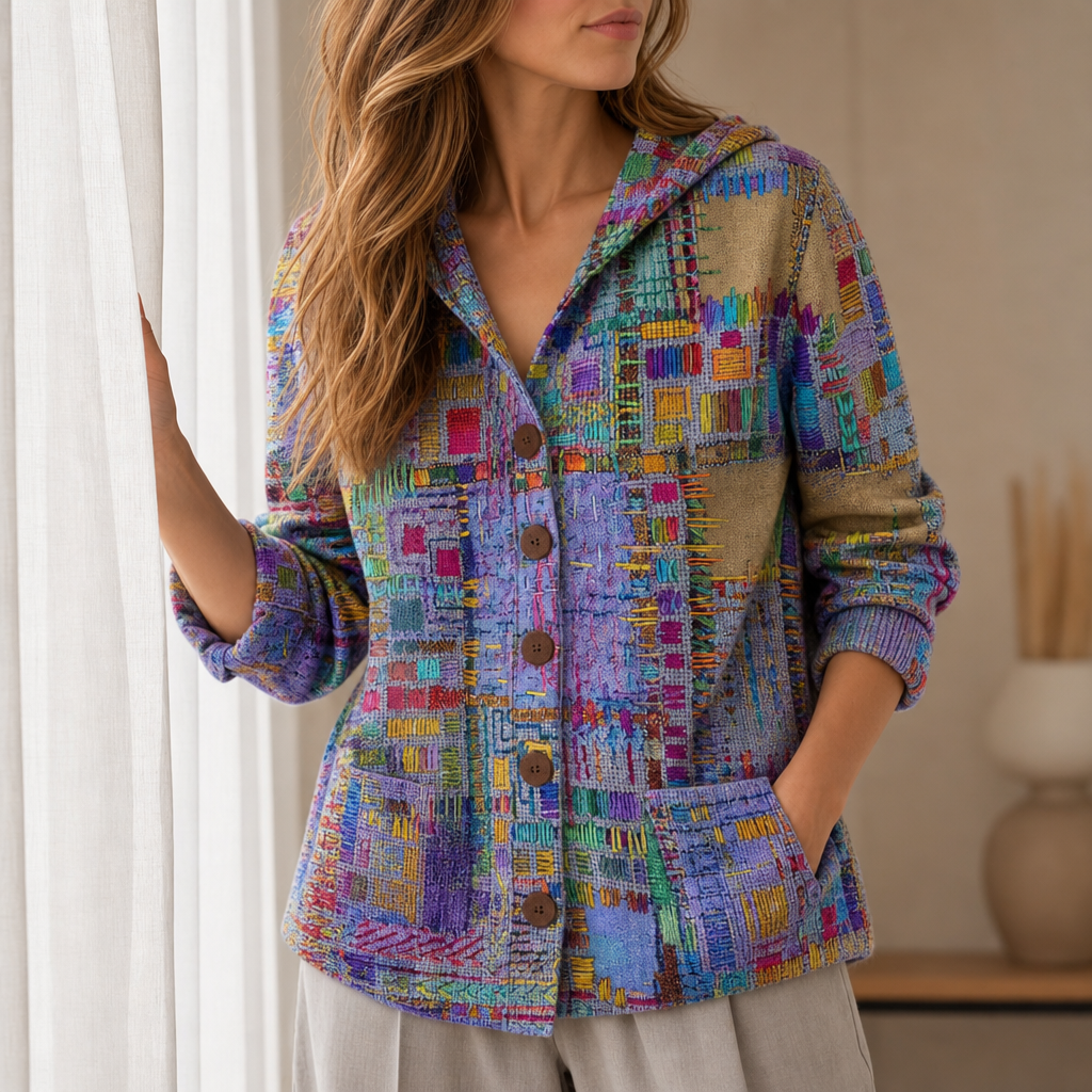 Gaeta Abstract Print Hooded Cardigan in Purple