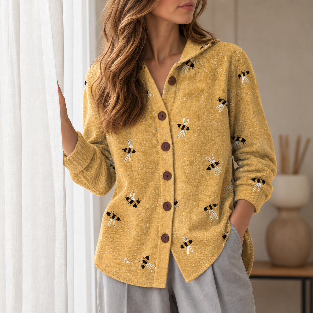 Gaeta Abstract Print Hooded Cardigan in Yellow
